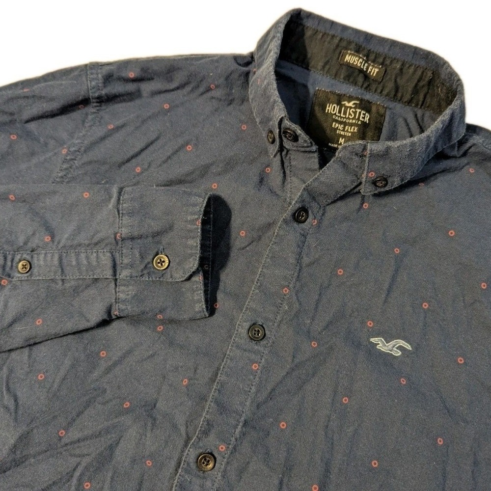Hollister Mens M Muscle Fit Button Down Shirt Navy Epic Flex Stretch Long Sleeve